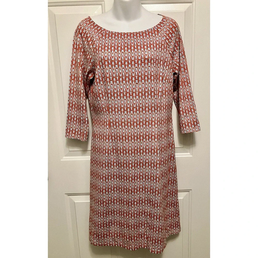 J McLaughlin Dress Women's Small‎ 3/4 Sleeve Sheath Blue Orange Catalina Cloth